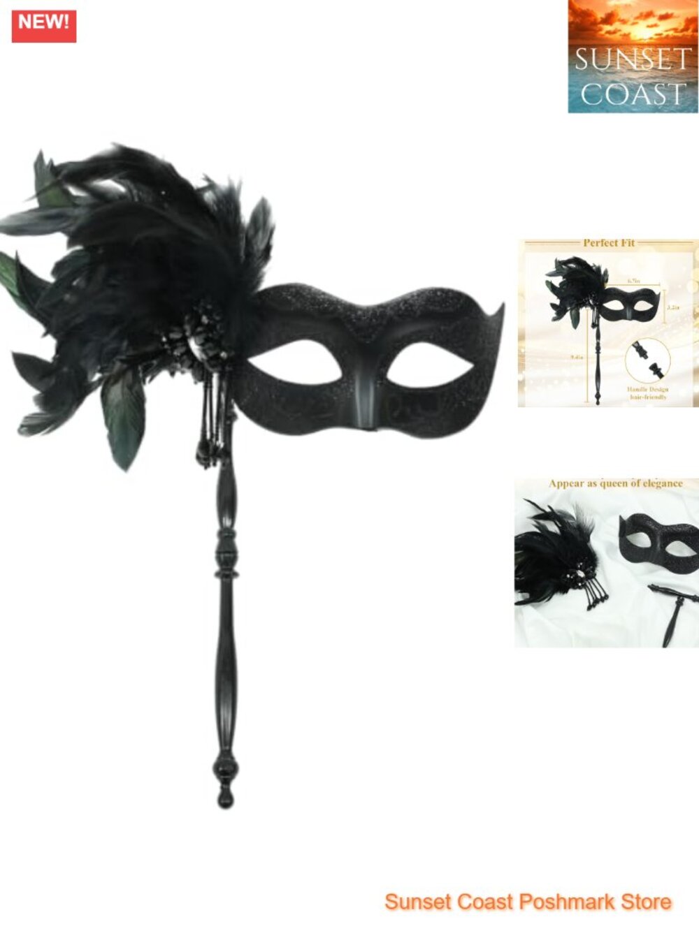Feather Venetian Masquerade Mask with Stick Shiny Crystal Butterfly Tassel